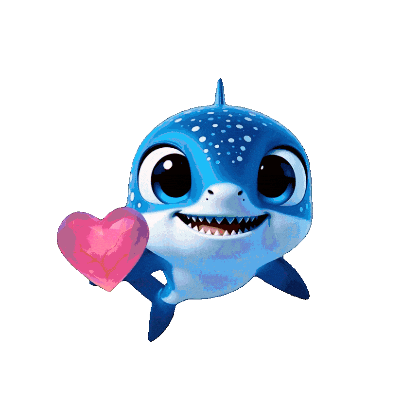 Juno the shark mascot holding a heart.